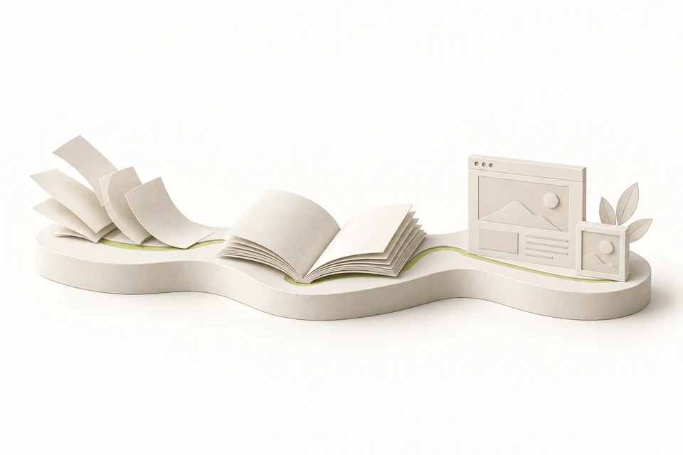 An ivory architectural model gathers loose paper into a bound book connected to reusable creative outputs.