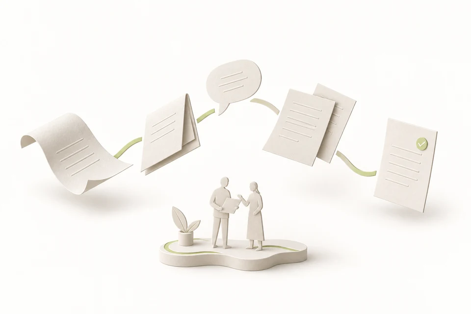 Floating ivory drafts, source documents and a feedback bubble surround two paper figures reviewing the work together.