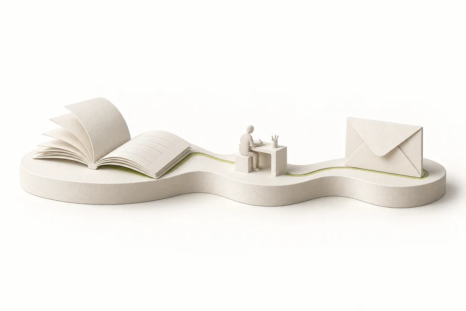 An ivory paper model connects an open notebook, a small writing figure and a folded envelope.