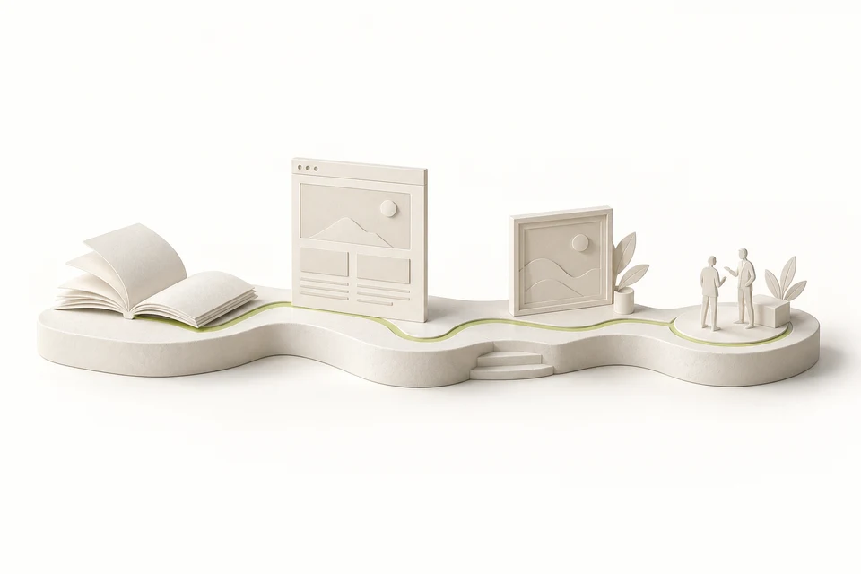 An ivory architectural model connects an open book, creative outputs and two people on one shared foundation.